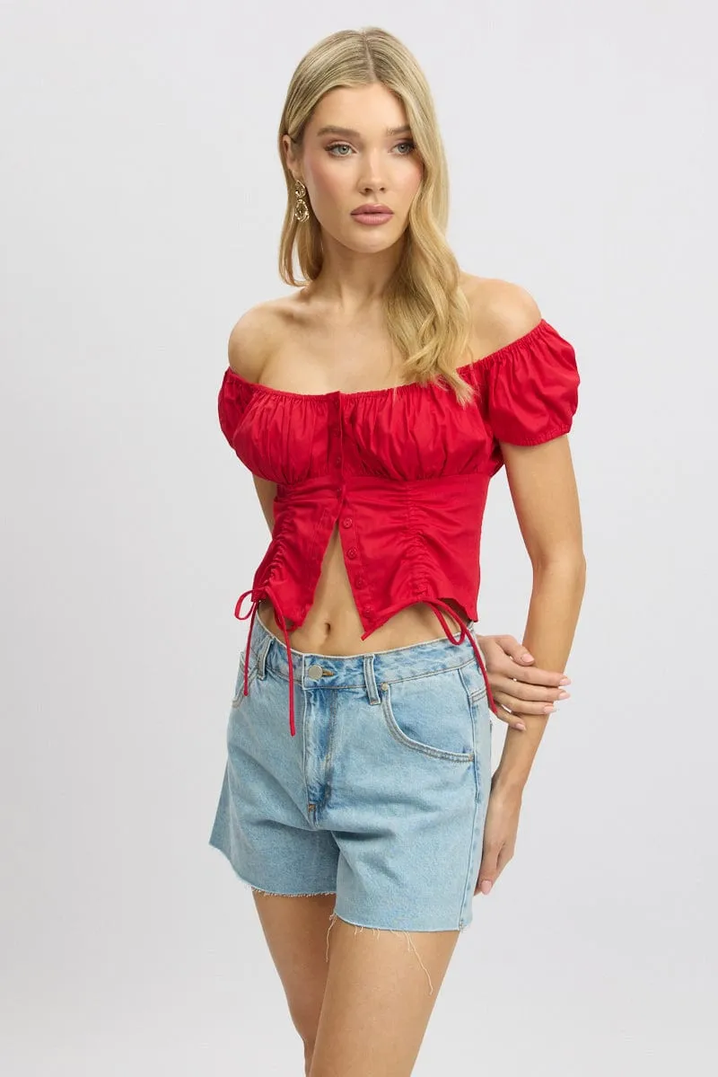 Red Crop Top Short Sleeve Ruched Button Front sold by Ally Fashion product image thumbnail 3