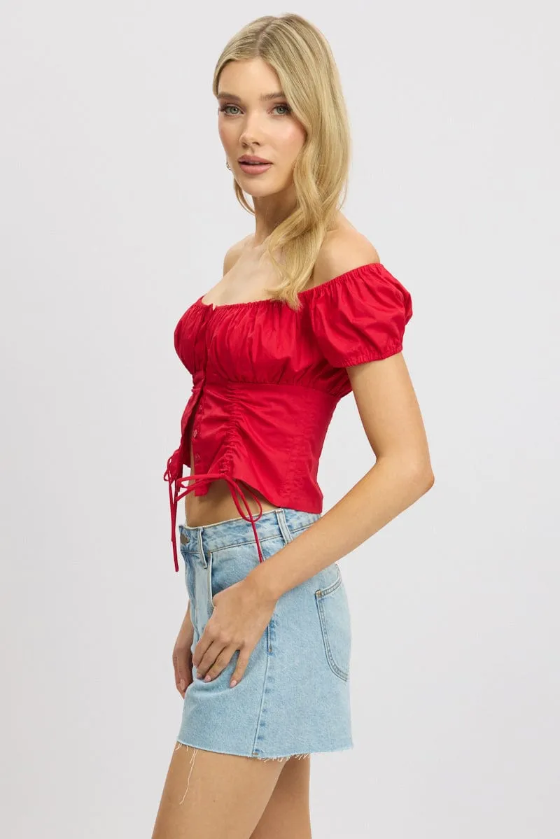 Red Crop Top Short Sleeve Ruched Button Front sold by Ally Fashion product image thumbnail 4