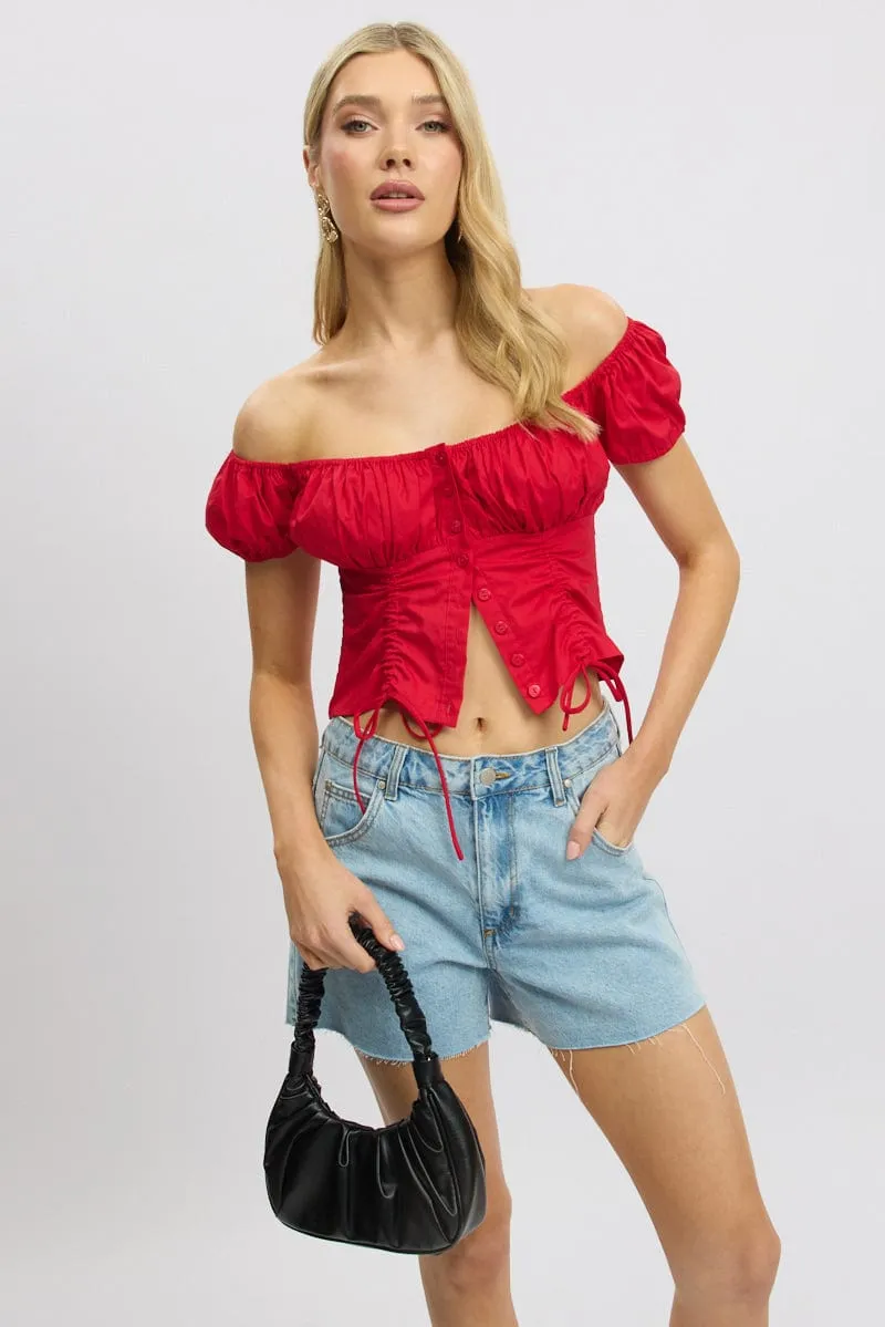 Red Crop Top Short Sleeve Ruched Button Front sold by Ally Fashion