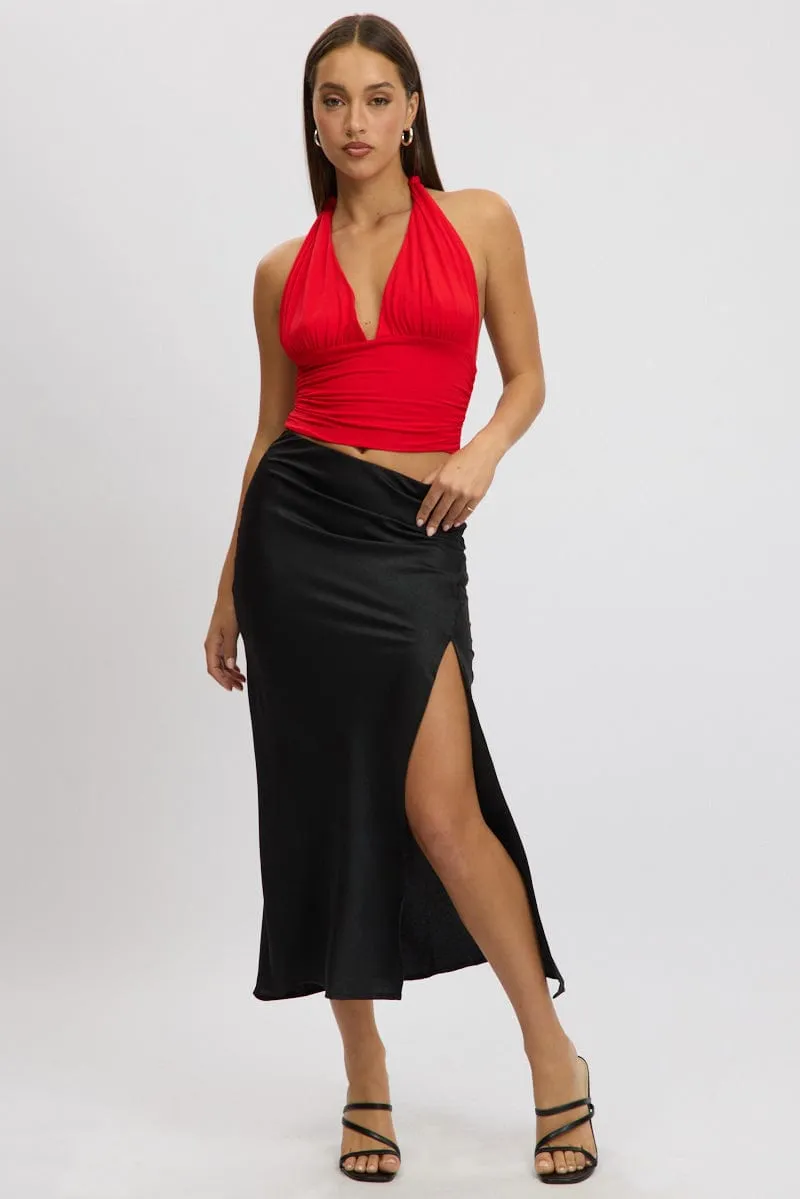 Black Slip Skirt High Waist Front Split Midaxi Satin sold by Ally Fashion