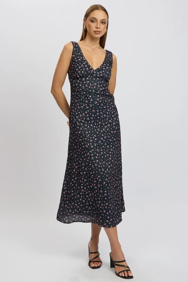 Black Ditsy Maxi Dress V-Neck sold by Ally Fashion