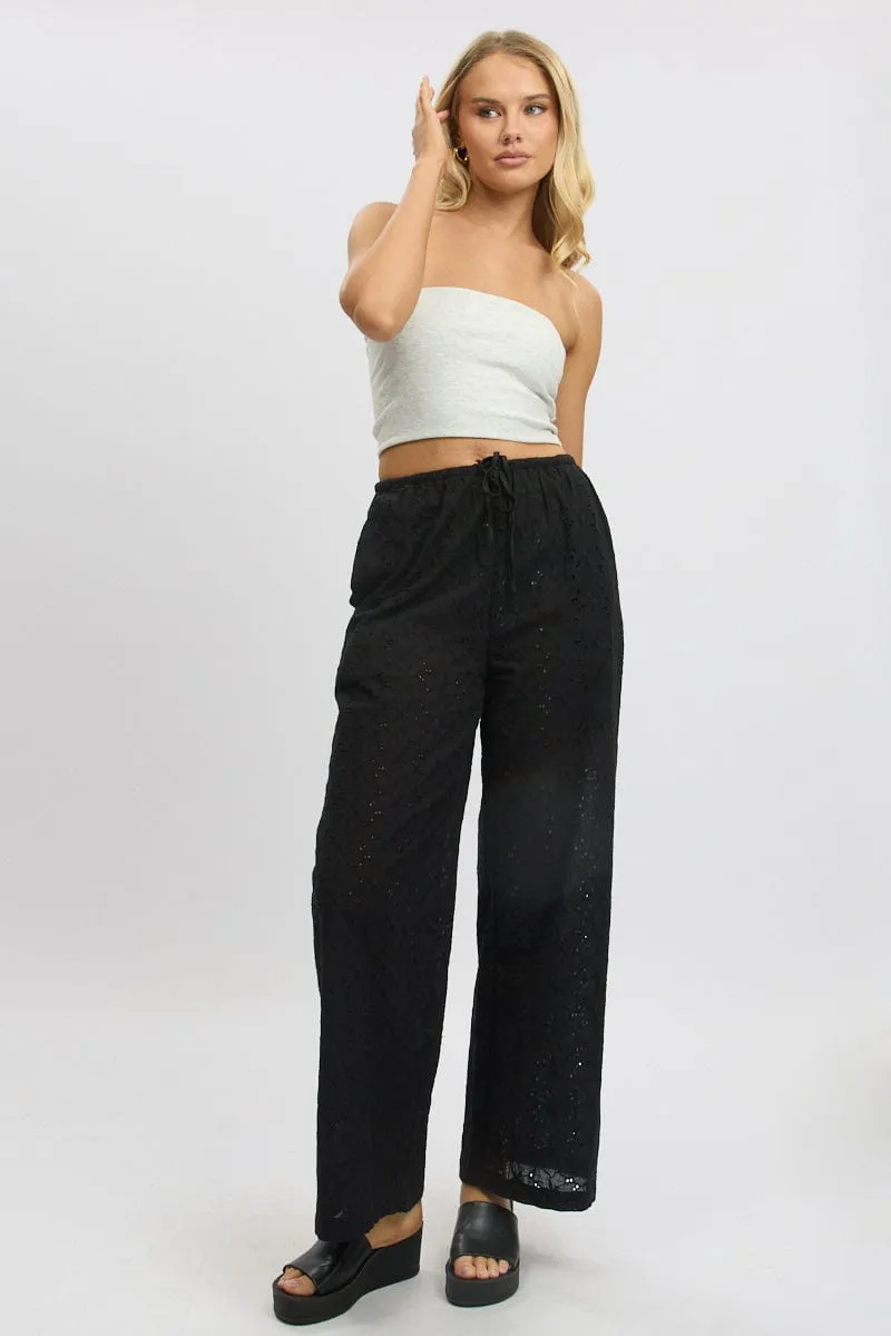 Black Wide Leg Pants High Rise Eyelet Fabric sold by Ally Fashion