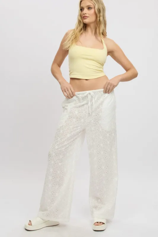White Wide Leg Pants High Rise Eyelet Fabric sold by Ally Fashion