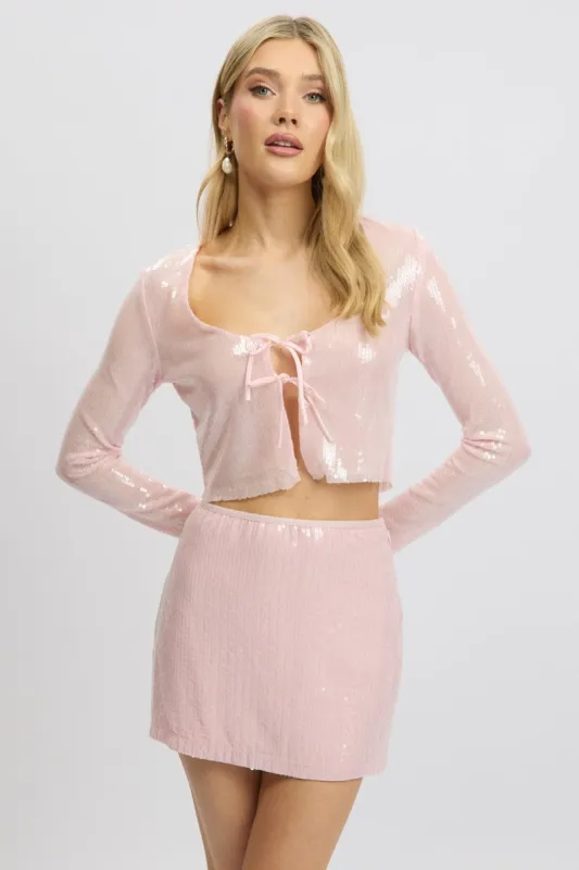 Pink Sequin Top Tie Up Front Long Sleeve sold by Ally Fashion