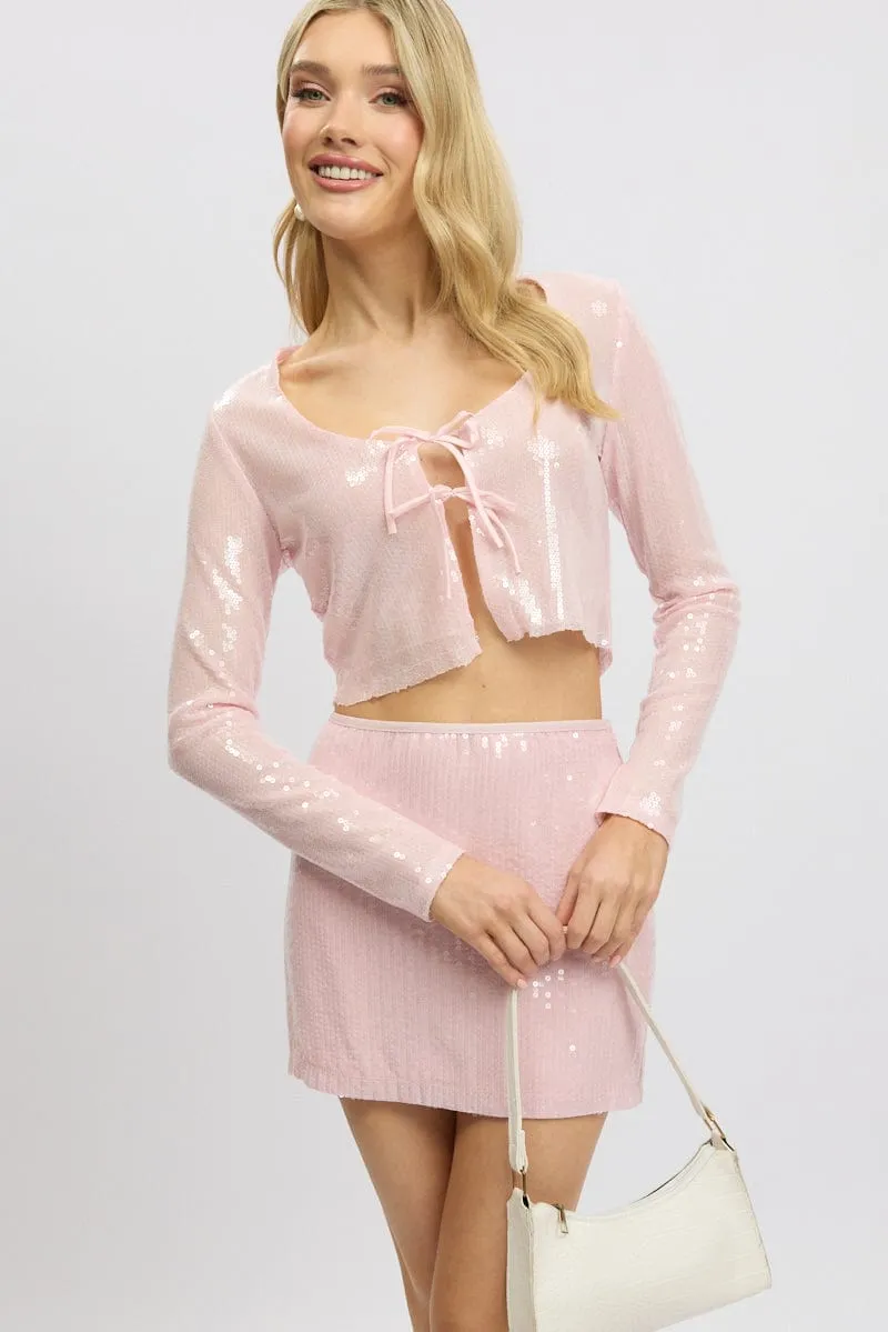 Pink Sequin Top Tie Up Front Long Sleeve sold by Ally Fashion product image thumbnail 2