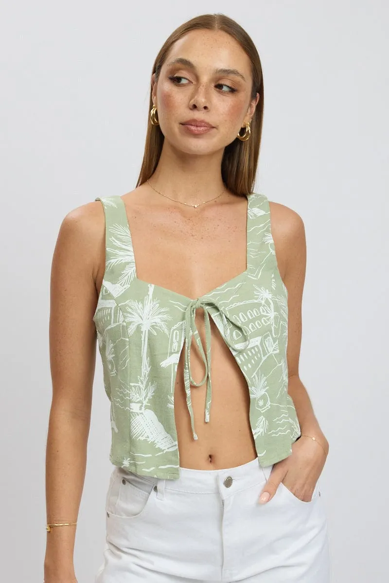 Green Abstract Tie Front Top Sleeveless sold by Ally Fashion