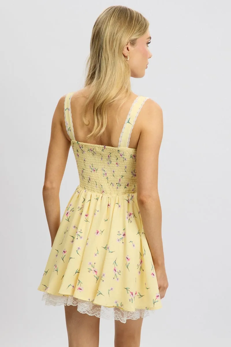 Yellow Floral Fit And Flare Dress Mini Rushed Bust sold by Ally Fashion product image thumbnail 5
