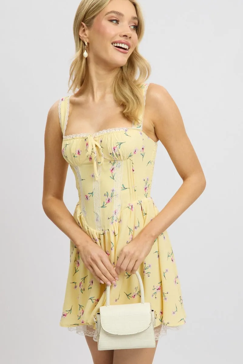 Yellow Floral Fit And Flare Dress Mini Rushed Bust sold by Ally Fashion product image thumbnail 2