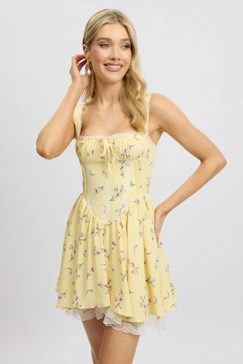 Yellow Floral Fit And Flare Dress Mini Rushed Bust sold by Ally Fashion product image thumbnail 3