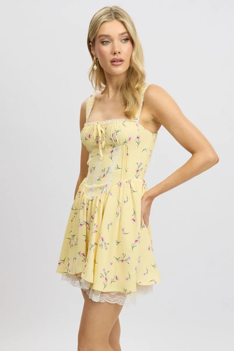 Yellow Floral Fit And Flare Dress Mini Rushed Bust sold by Ally Fashion product image thumbnail 4