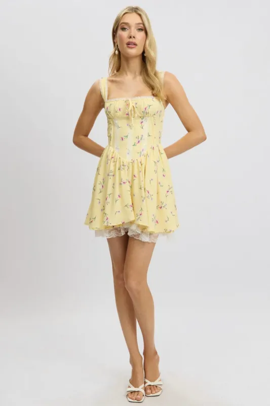 Yellow Floral Fit And Flare Dress Mini Rushed Bust sold by Ally Fashion