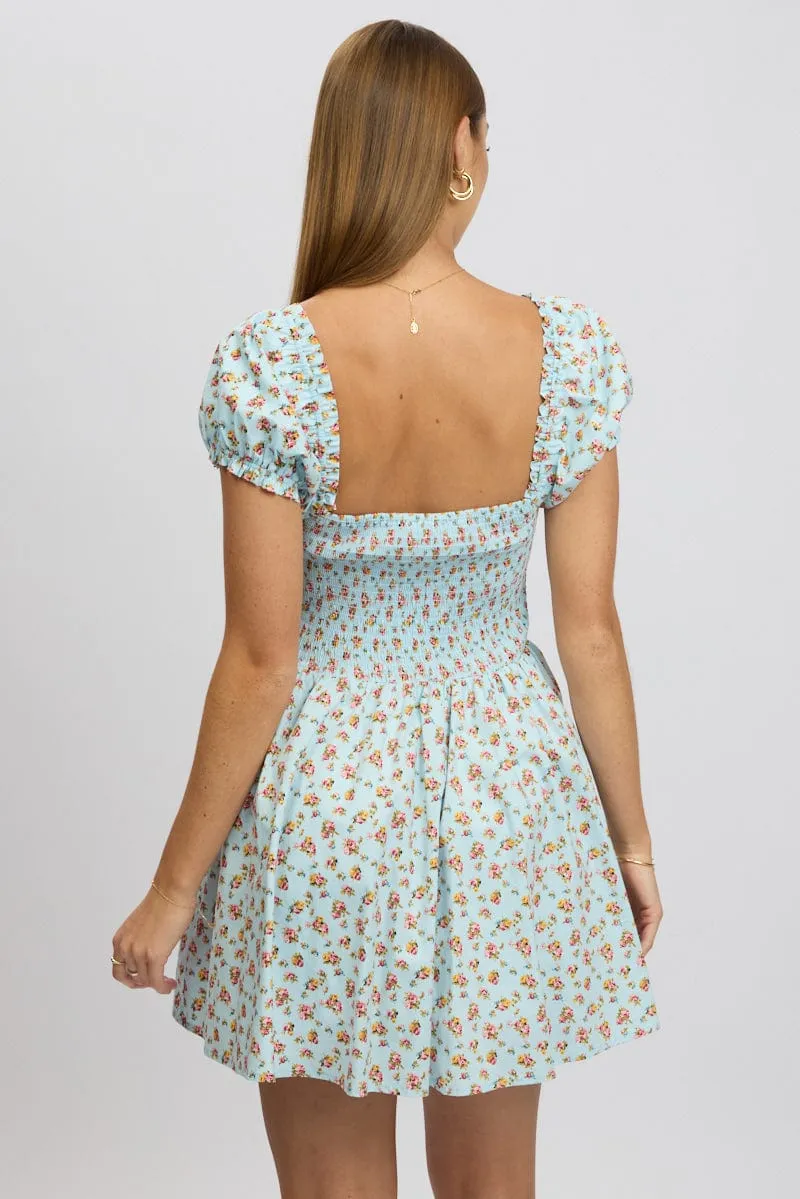 Blue Ditsy Fit And Flare Dress Corset Detail Mini sold by Ally Fashion product image thumbnail 5