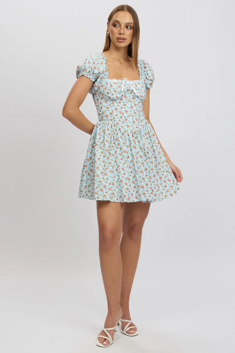 Blue Ditsy Fit And Flare Dress Corset Detail Mini sold by Ally Fashion product image thumbnail 2