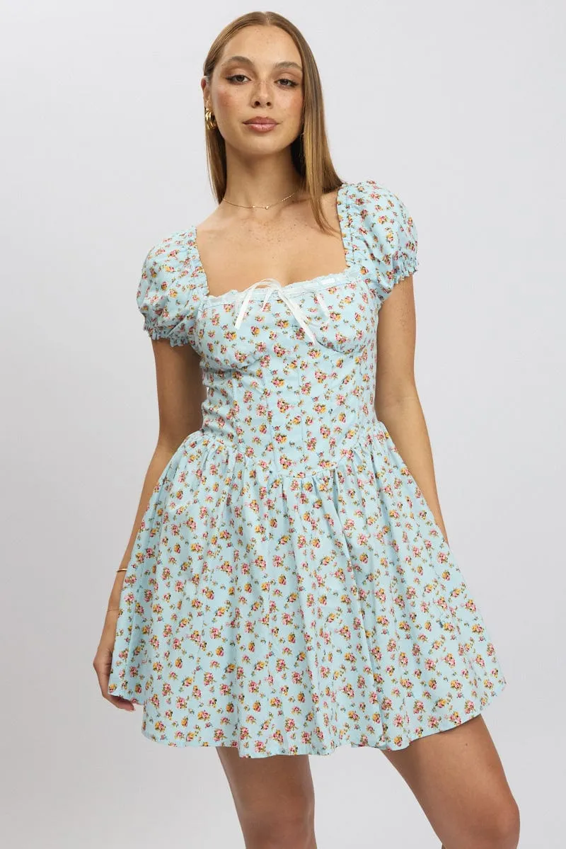 Blue Ditsy Fit And Flare Dress Corset Detail Mini sold by Ally Fashion product image thumbnail 3