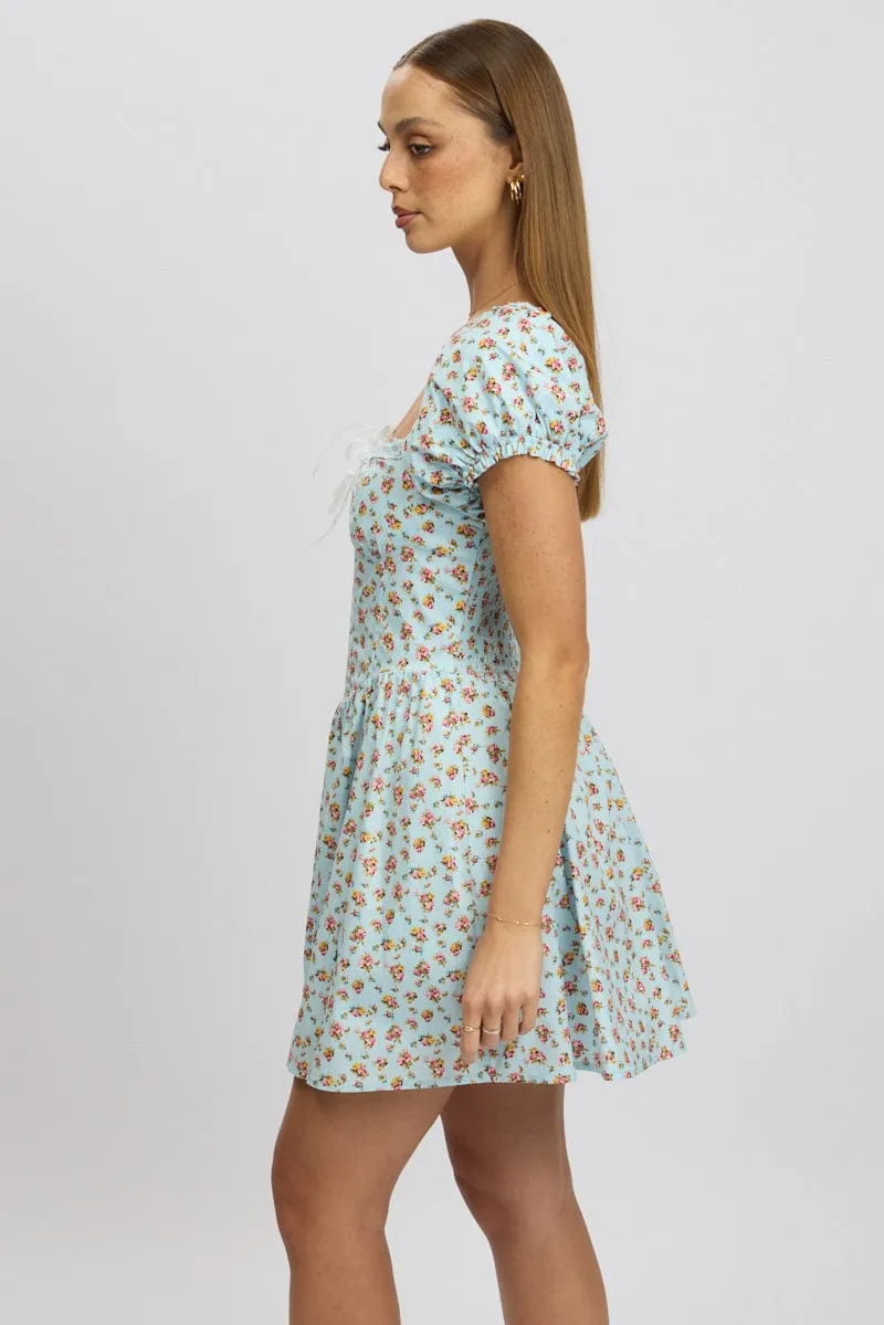 Blue Ditsy Fit And Flare Dress Corset Detail Mini sold by Ally Fashion product image thumbnail 4