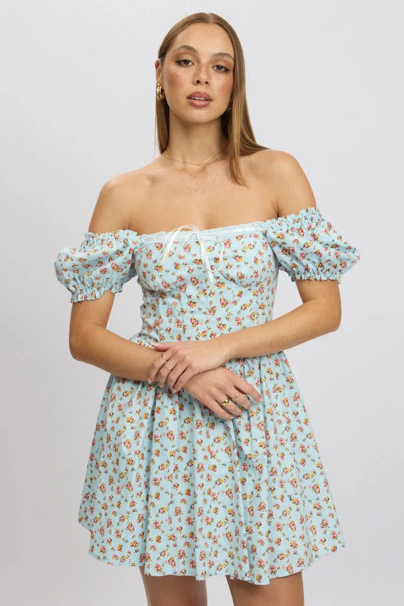 Blue Ditsy Fit And Flare Dress Corset Detail Mini sold by Ally Fashion