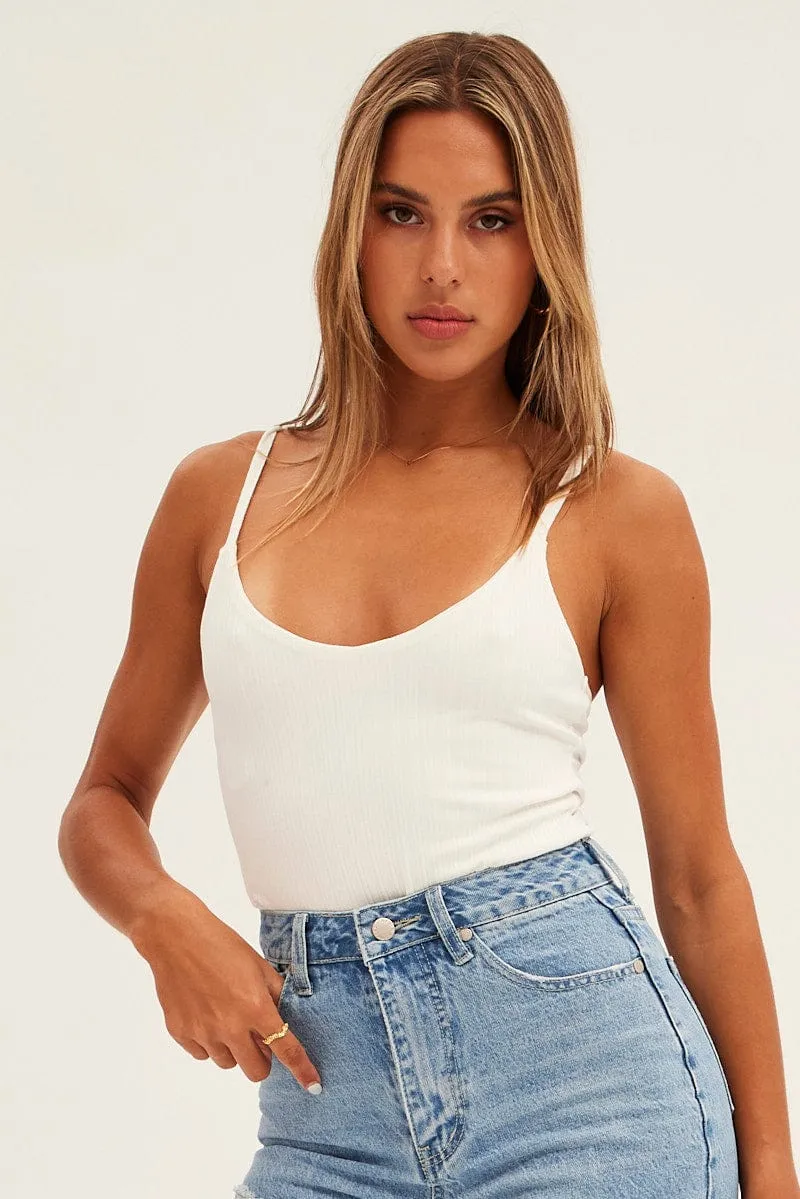 White Rib V Neck Strappy Bodysuit sold by Ally Fashion