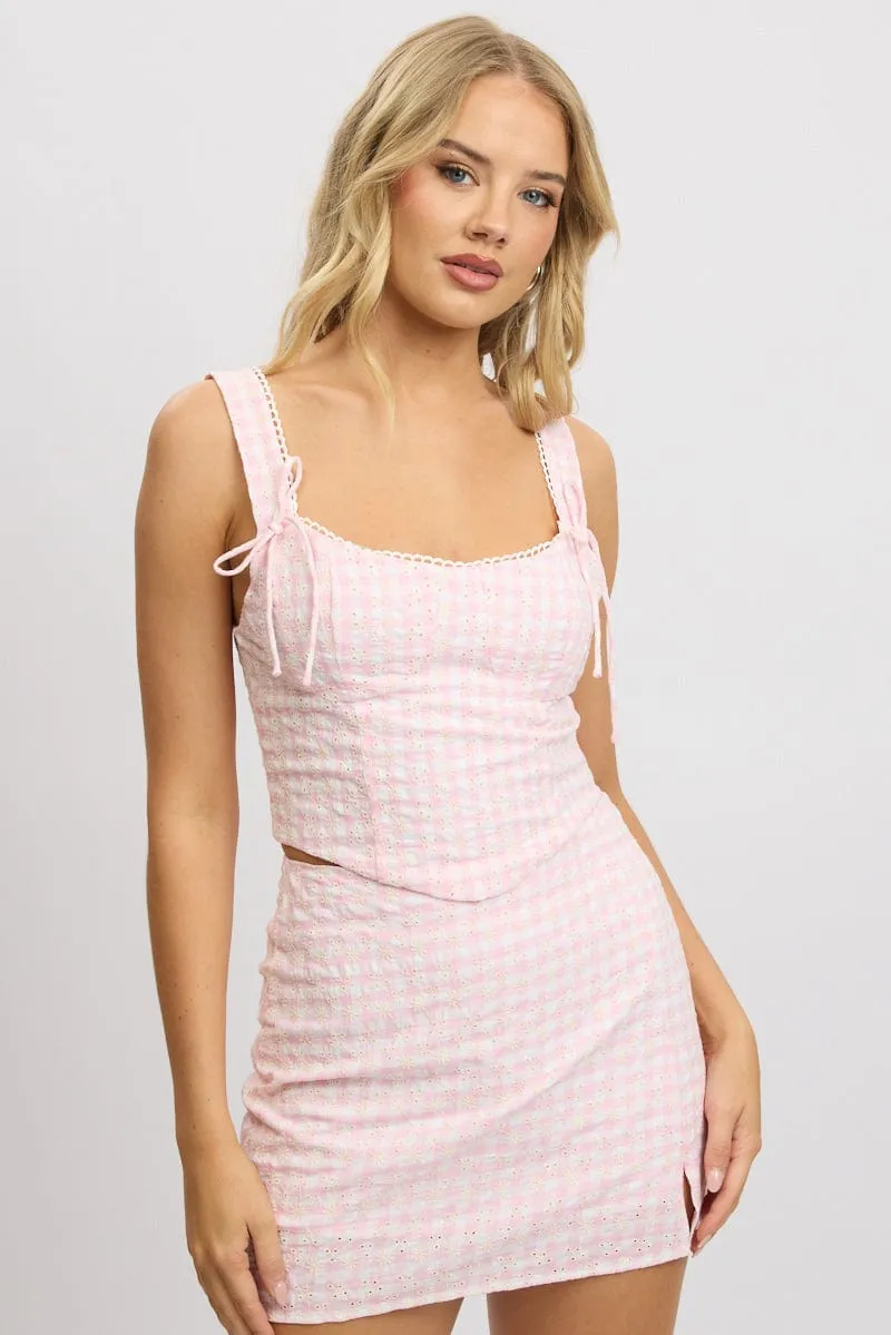 Pink Check Crop Top Sleeveless Corset Broderie sold by Ally Fashion
