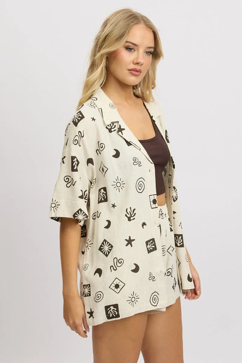 Beige Abstract Relaxed Shirt Short Sleeve Linen Blend sold by Ally Fashion product image thumbnail 4