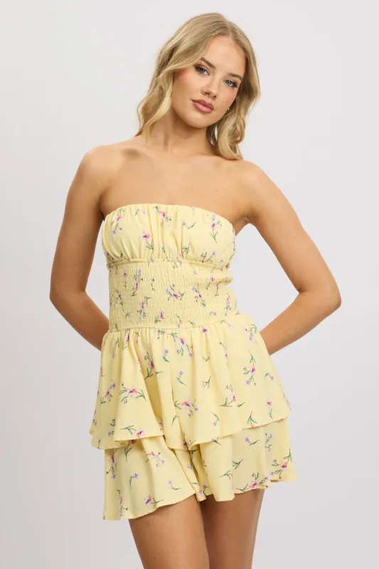 Yellow Floral Strapless Playsuit Ruffled sold by Ally Fashion