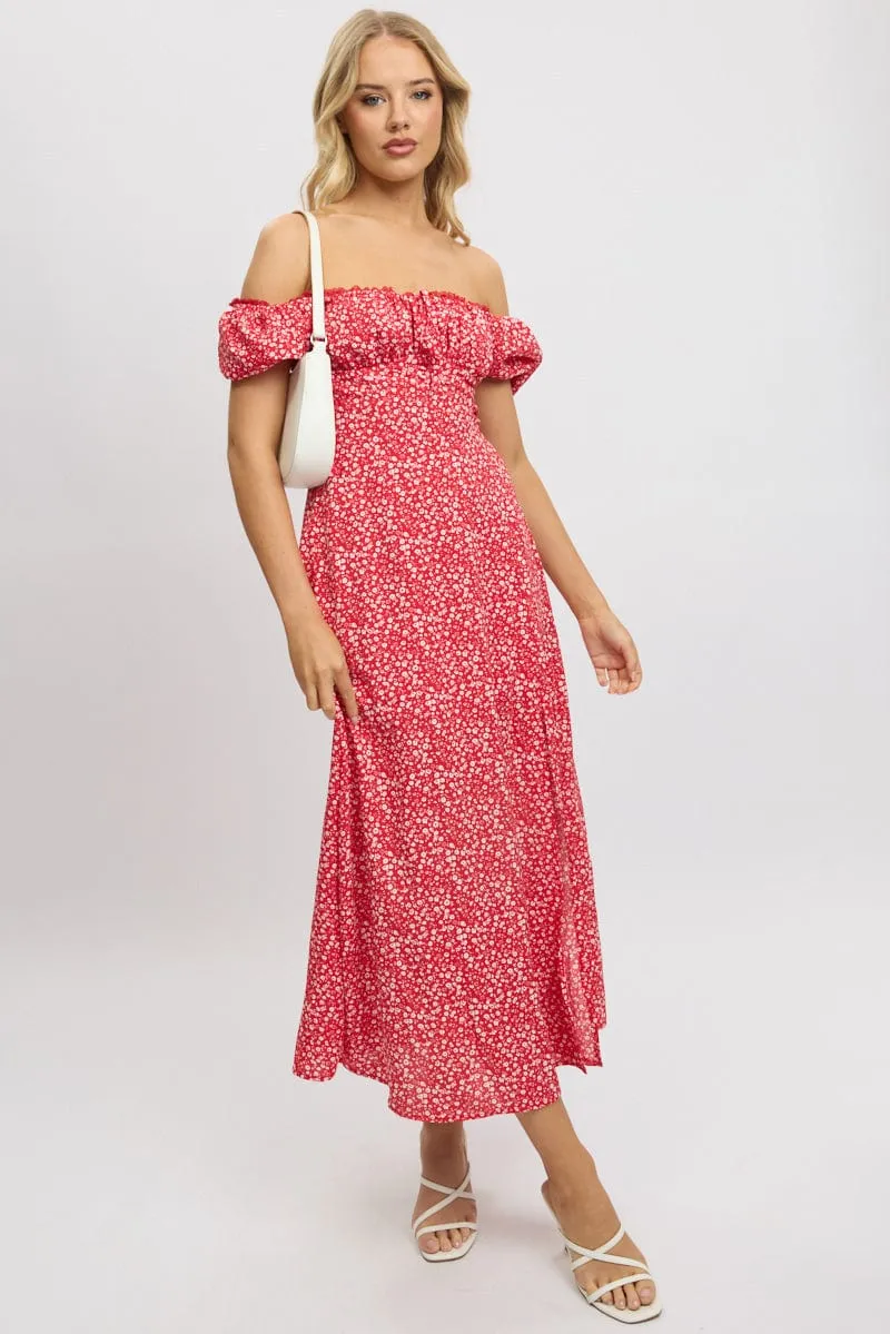 Red Ditsy Midi Dress Short Sleeve Side Split sold by Ally Fashion
