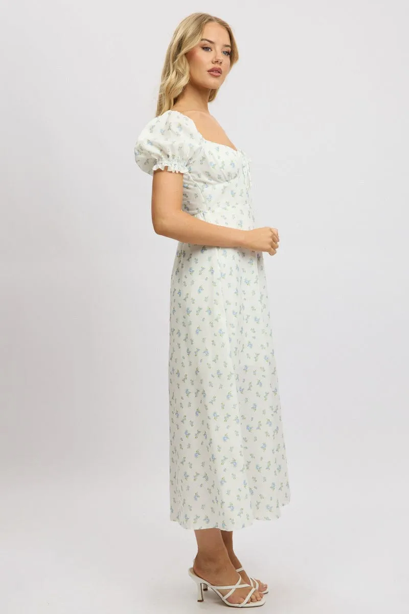 White Ditsy Midi Dress Puff Sleeve sold by Ally Fashion product image thumbnail 4