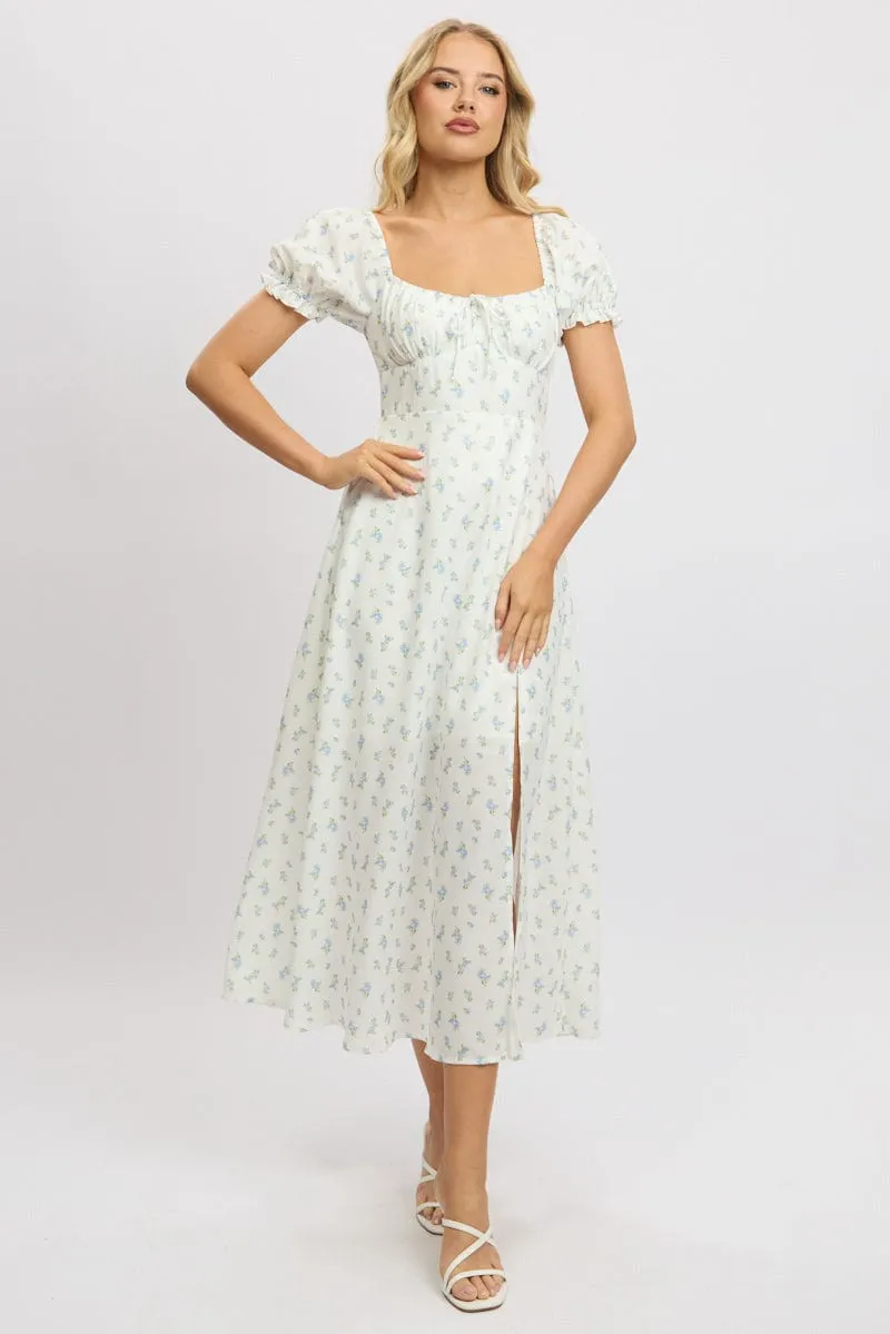 White Ditsy Midi Dress Puff Sleeve sold by Ally Fashion