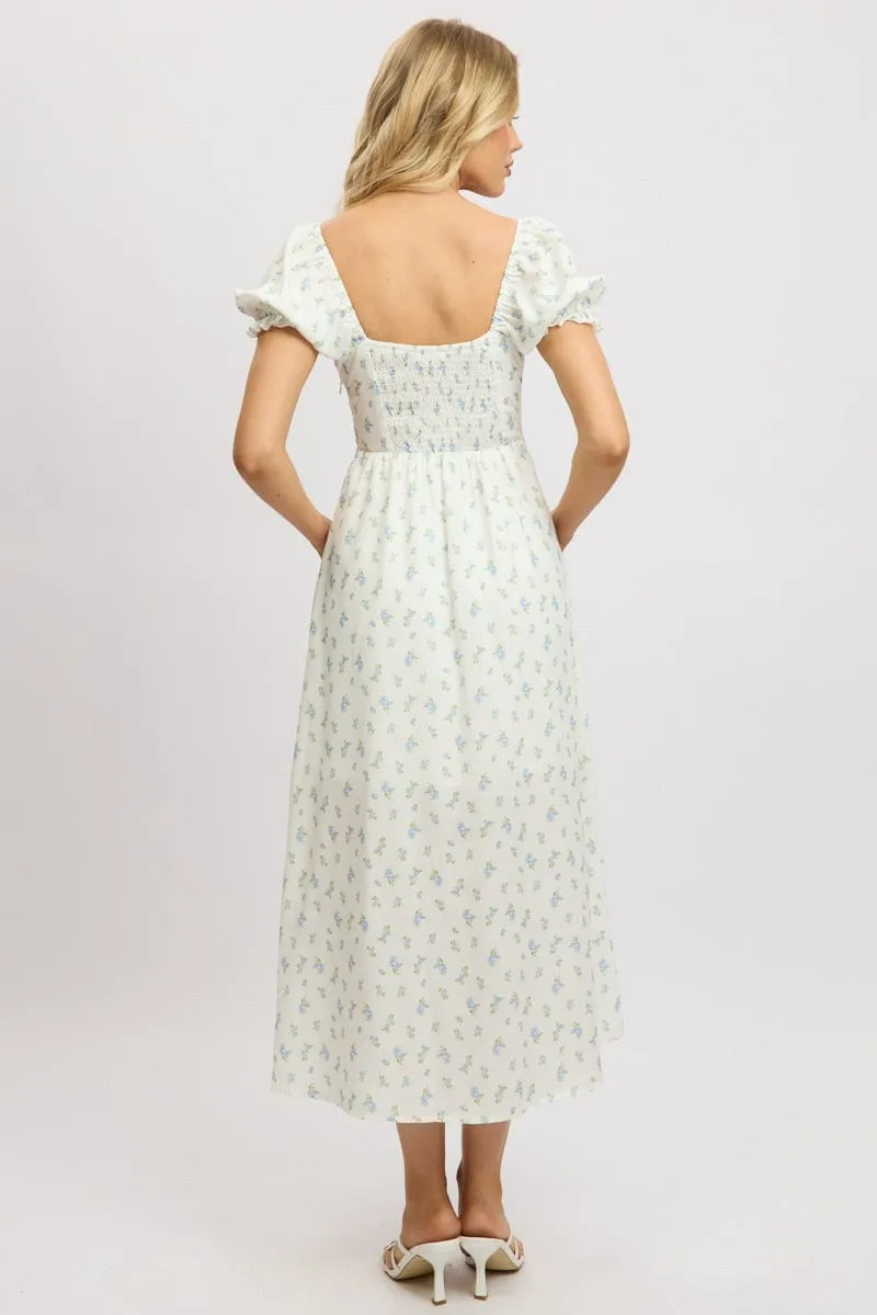 White Ditsy Midi Dress Puff Sleeve sold by Ally Fashion product image thumbnail 5