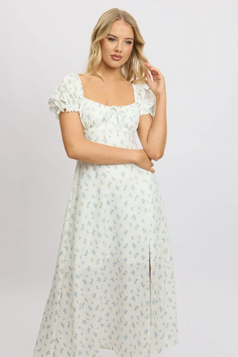White Ditsy Midi Dress Puff Sleeve sold by Ally Fashion product image thumbnail 2