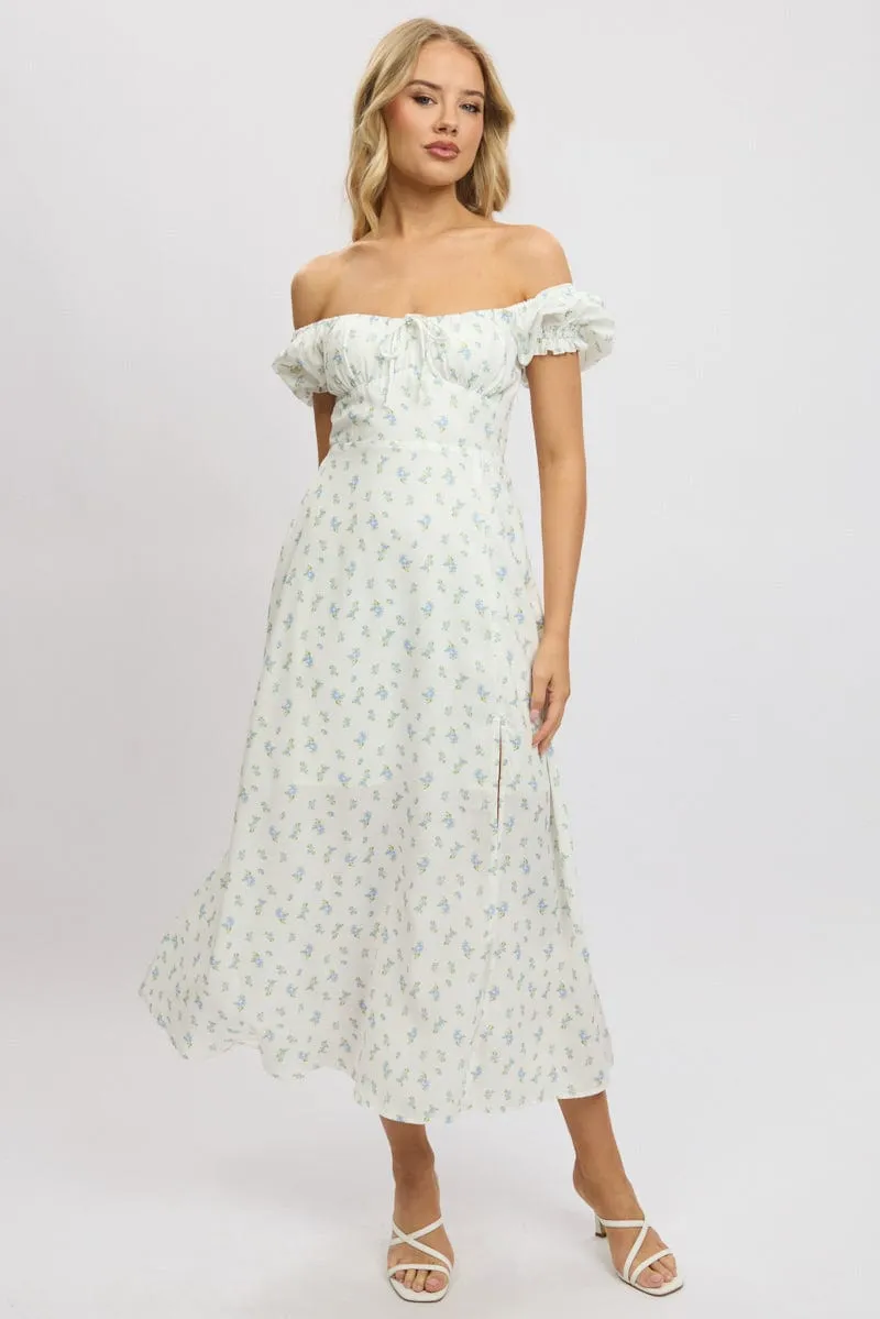 White Ditsy Midi Dress Puff Sleeve sold by Ally Fashion product image thumbnail 3