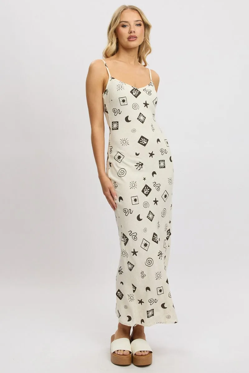 Beige Abstract Maxi Dress Bias Cut Linen Blend sold by Ally Fashion
