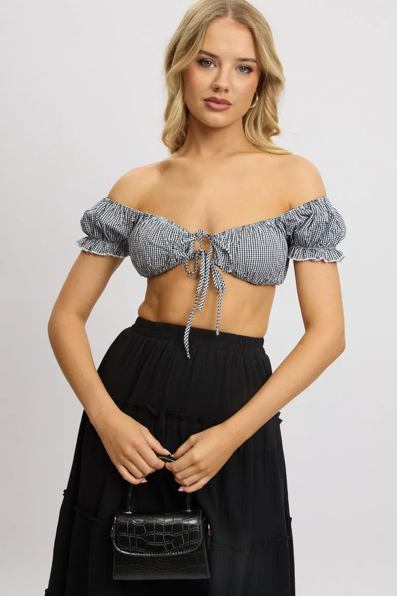 Black Check Crop Top Short Sleeve Tie Front sold by Ally Fashion