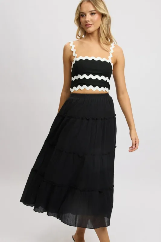 Black Midi Skirt Tiered High Rise Lined sold by Ally Fashion