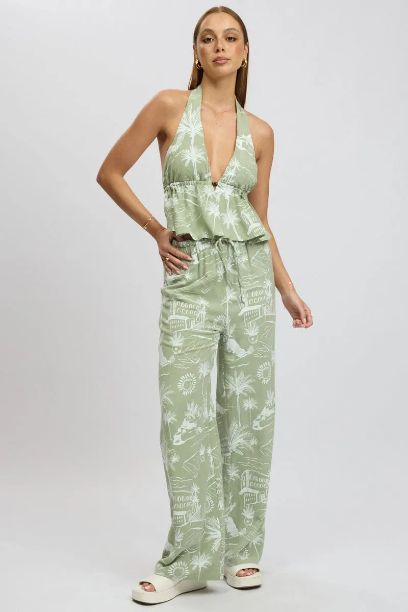 Green Abstract Wide Leg Pants High Rise sold by Ally Fashion product image thumbnail 3