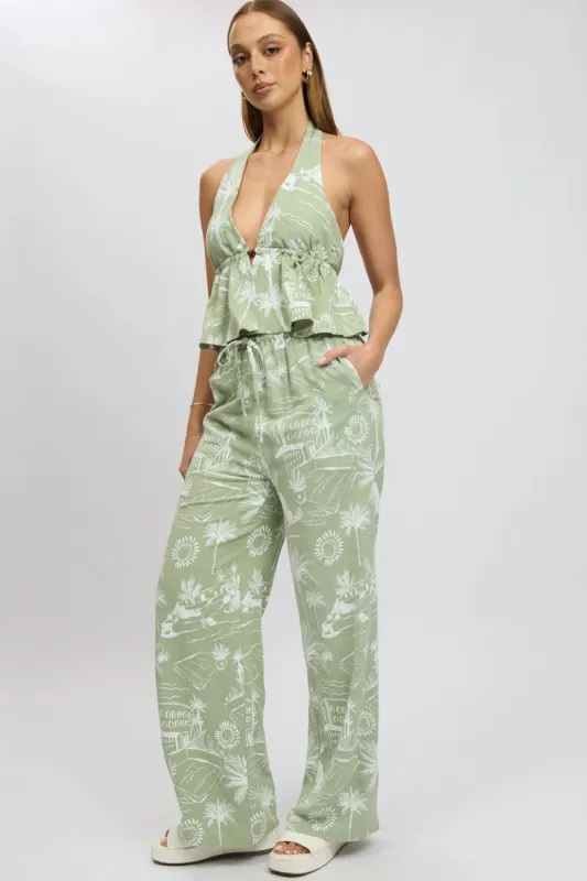 Green Abstract Wide Leg Pants High Rise sold by Ally Fashion