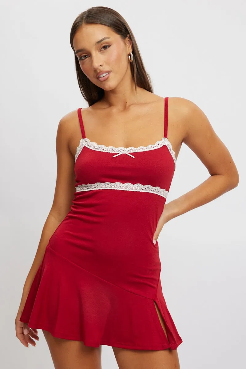 Red Mini Dress Lace Trim sold by Ally Fashion product image thumbnail 3