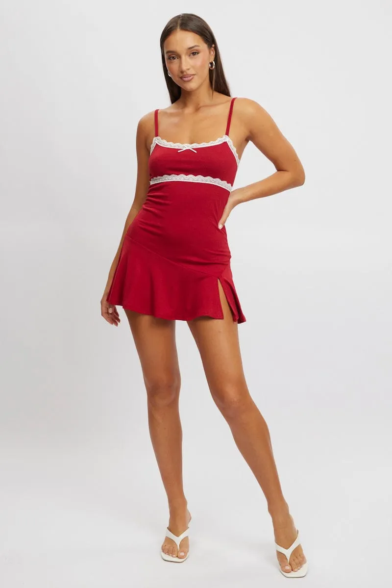 Red Mini Dress Lace Trim sold by Ally Fashion product image thumbnail 2