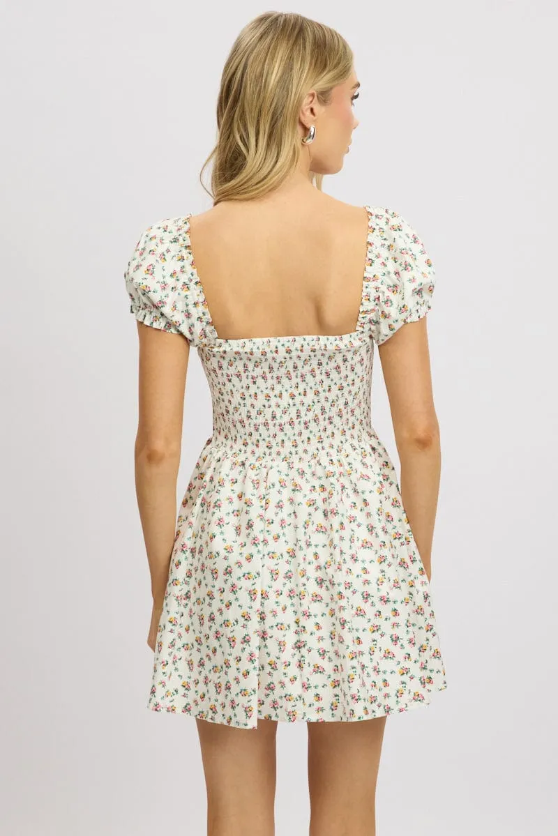 White Ditsy Fit And Flare Dress Corset Detail Mini sold by Ally Fashion product image thumbnail 5