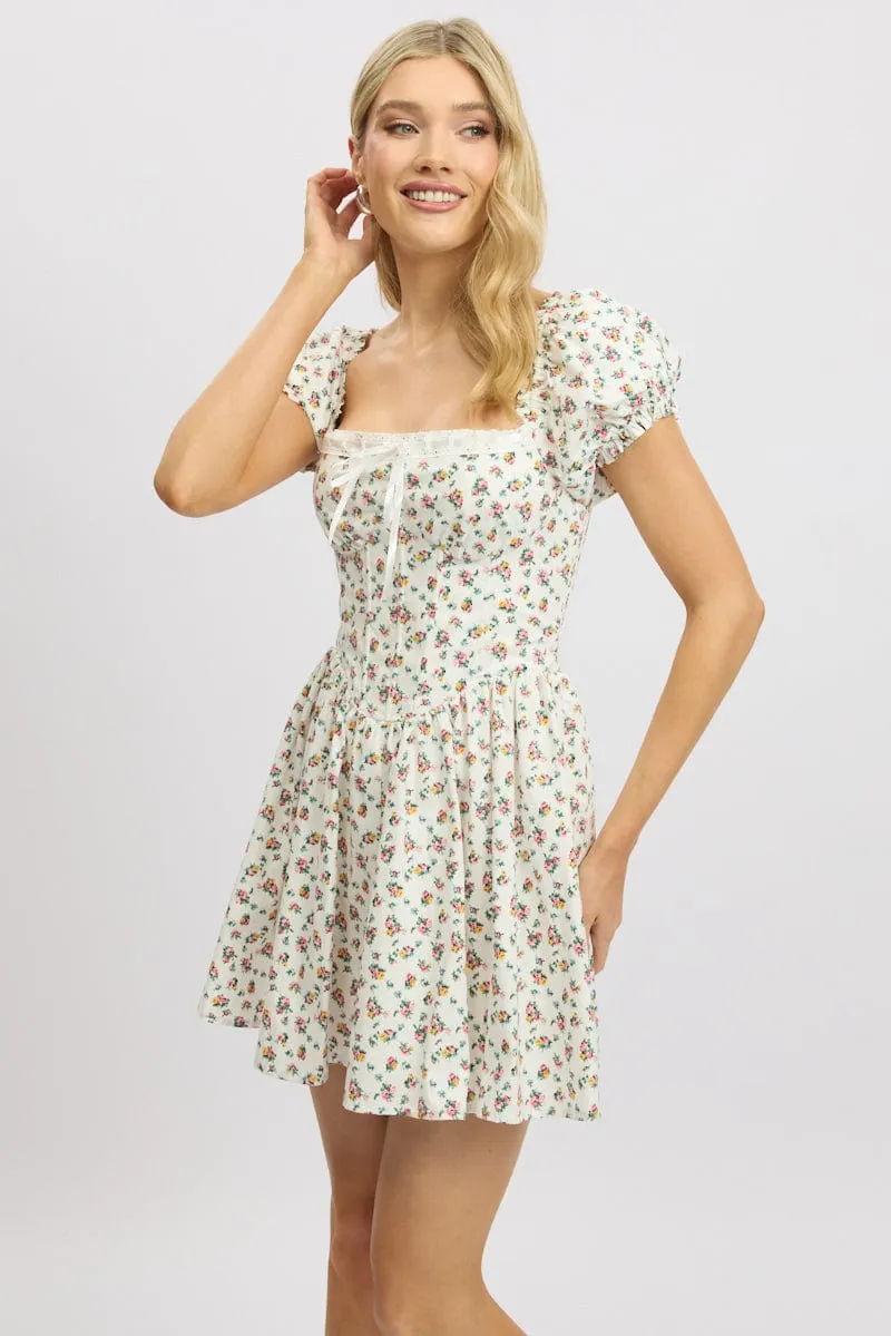 White Ditsy Fit And Flare Dress Corset Detail Mini sold by Ally Fashion product image thumbnail 3