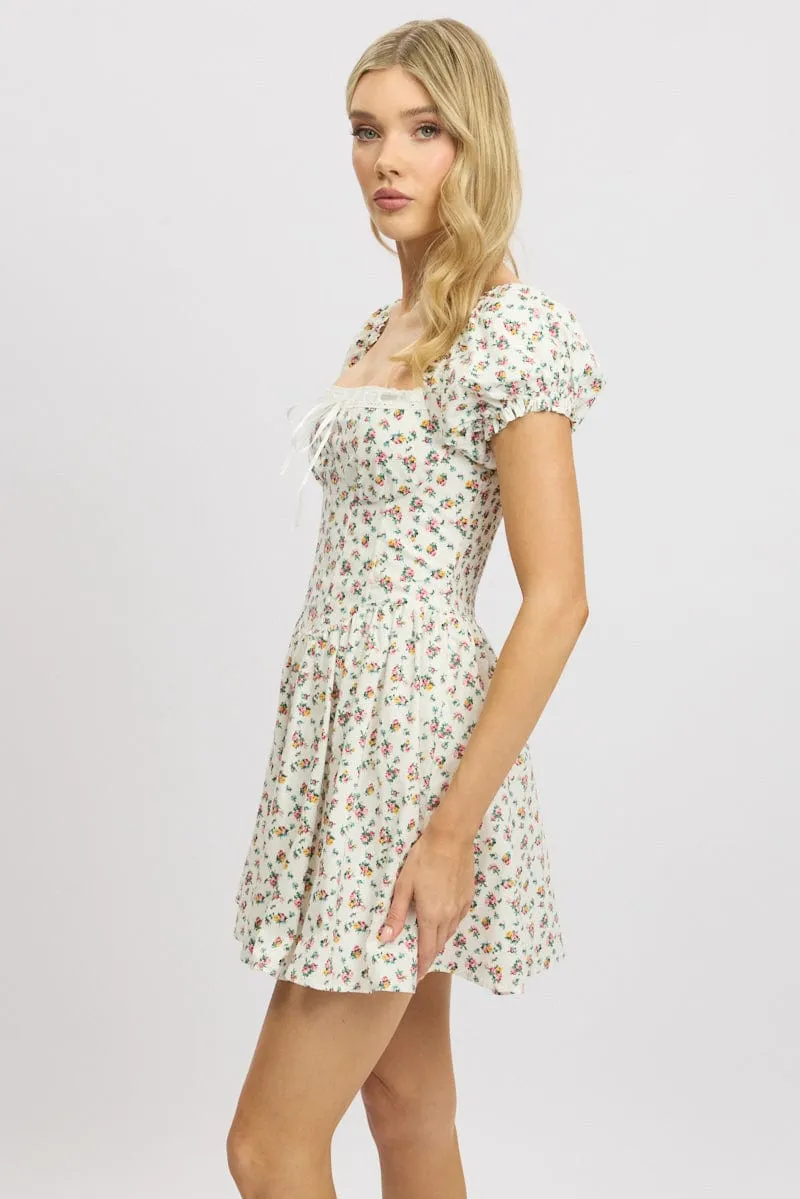 White Ditsy Fit And Flare Dress Corset Detail Mini sold by Ally Fashion product image thumbnail 4