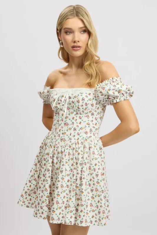 White Ditsy Fit And Flare Dress Corset Detail Mini sold by Ally Fashion