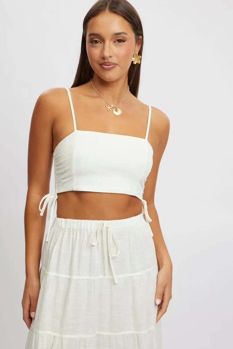 White Crop Cami Top Side Ruched Linen Blend sold by Ally Fashion