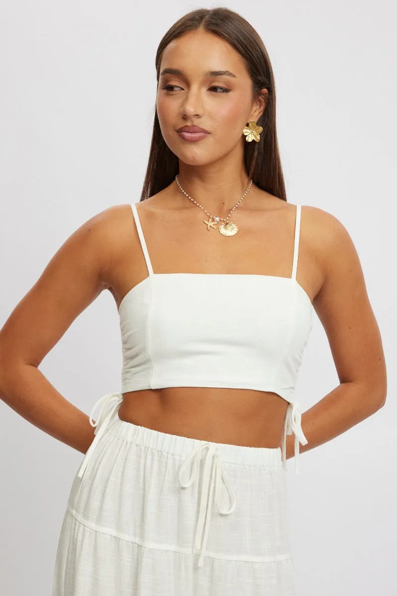 White Crop Cami Top Side Ruched Linen Blend sold by Ally Fashion product image thumbnail 3