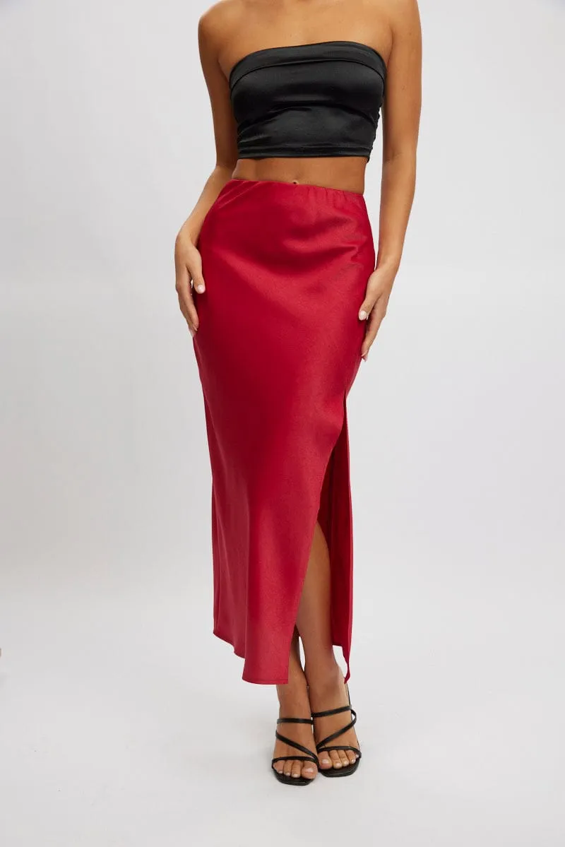 Red Slip Skirt High Waist Front Split Midaxi Satin sold by Ally Fashion