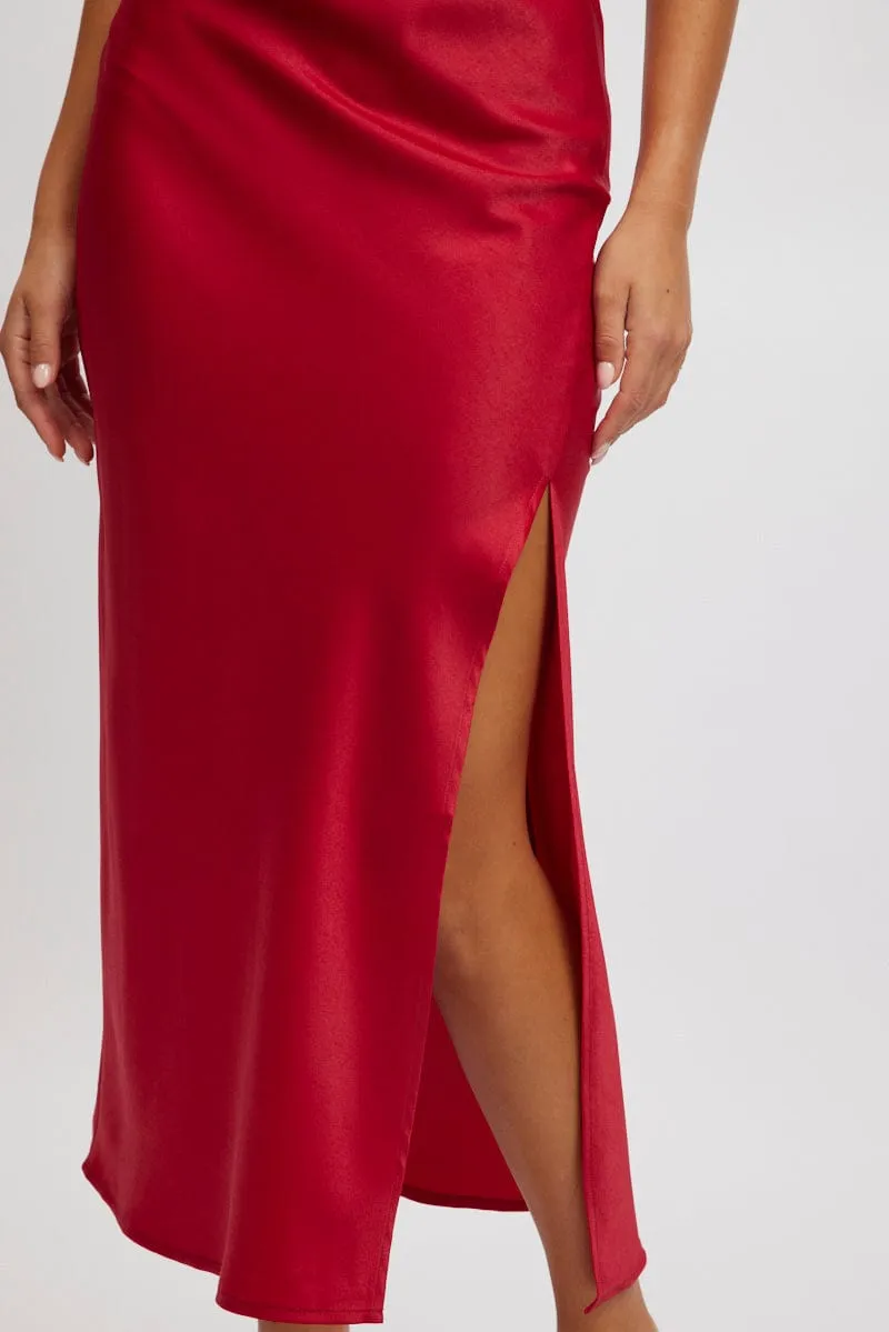 Red Slip Skirt High Waist Front Split Midaxi Satin sold by Ally Fashion product image thumbnail 5