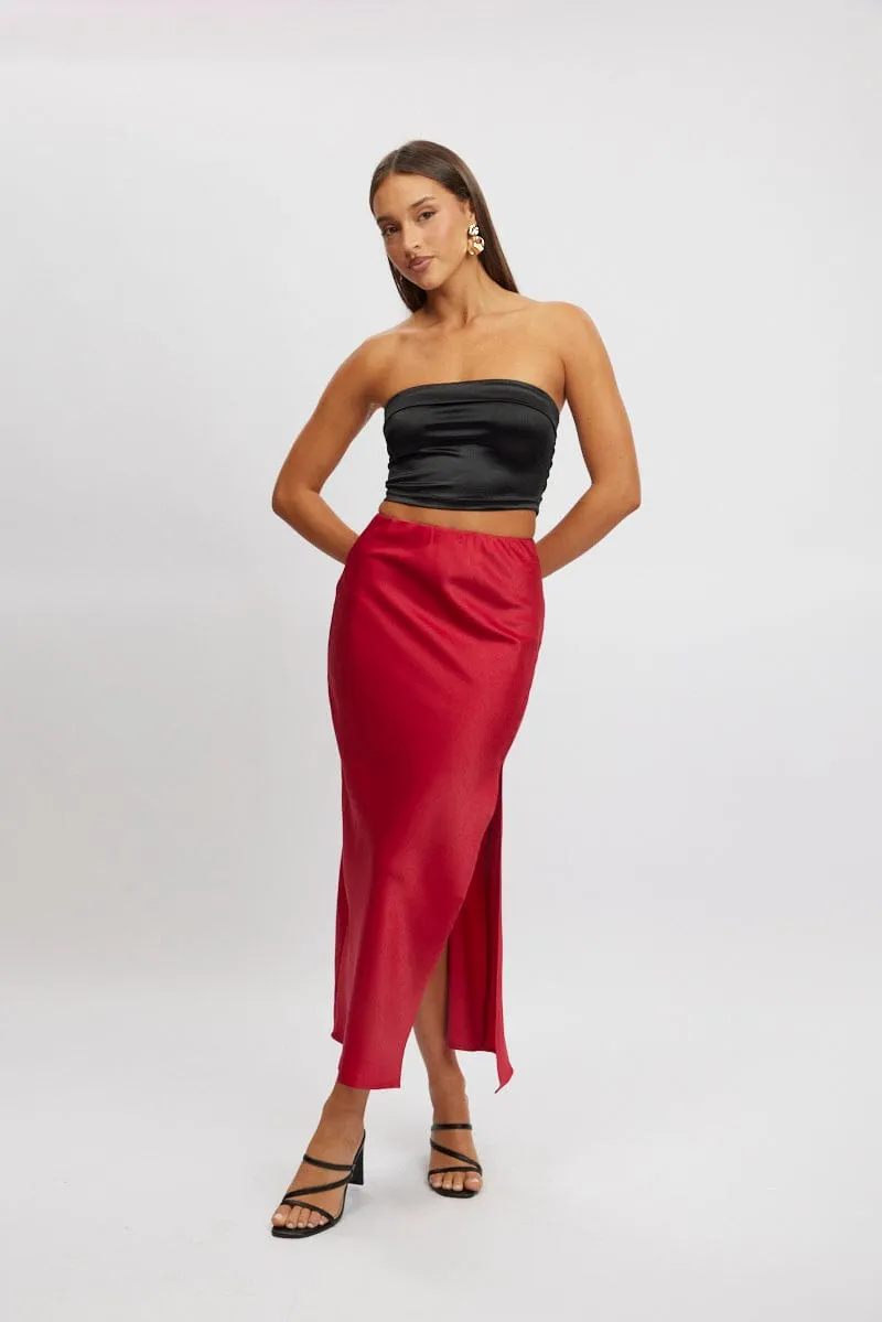 Red Slip Skirt High Waist Front Split Midaxi Satin sold by Ally Fashion product image thumbnail 2