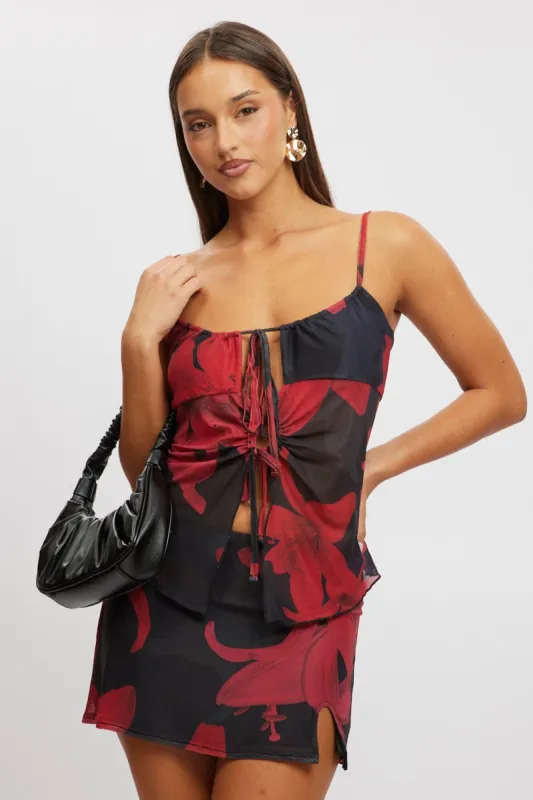Black Floral Singlet Top Tie Up Front sold by Ally Fashion