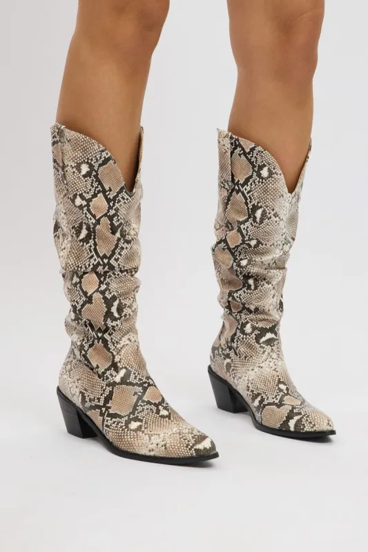Beige Animal Print Snake Print Cowboy Boots sold by Ally Fashion