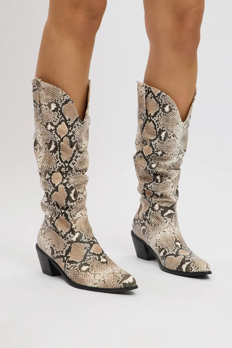 Beige Animal Print Snake Print Cowboy Boots sold by Ally Fashion