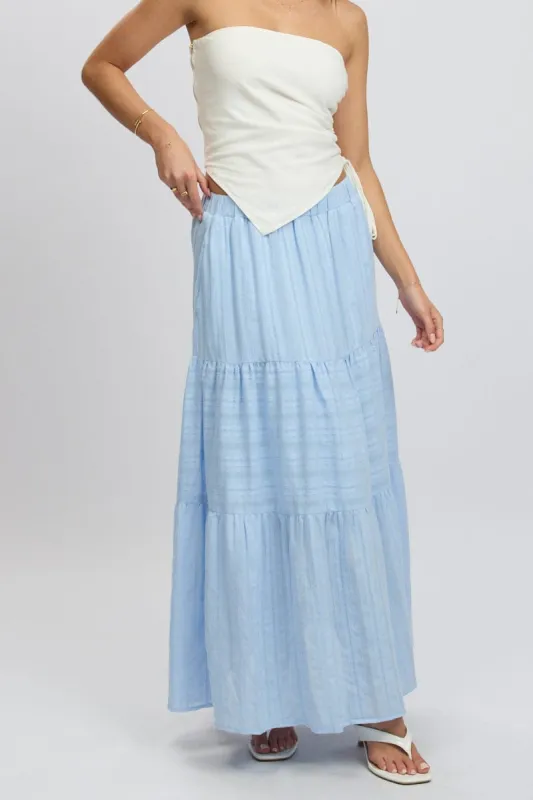 Blue Tiered Maxi Skirt High Rise Elastic Waist Lined sold by Ally Fashion